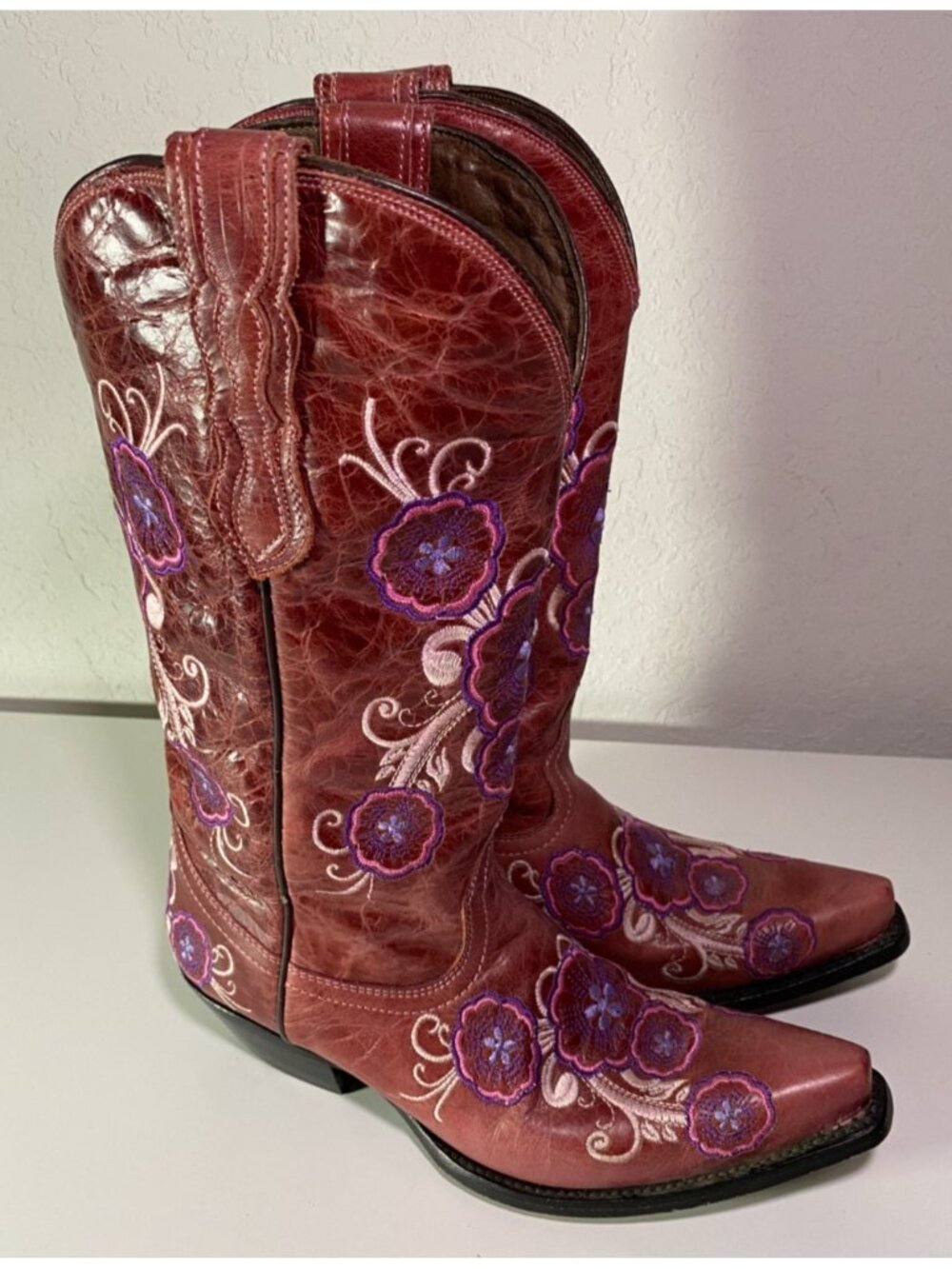 Pecos Belle Hand Made Brown Western Cowboy Boots Size 8.5 - Embroidered Flowers